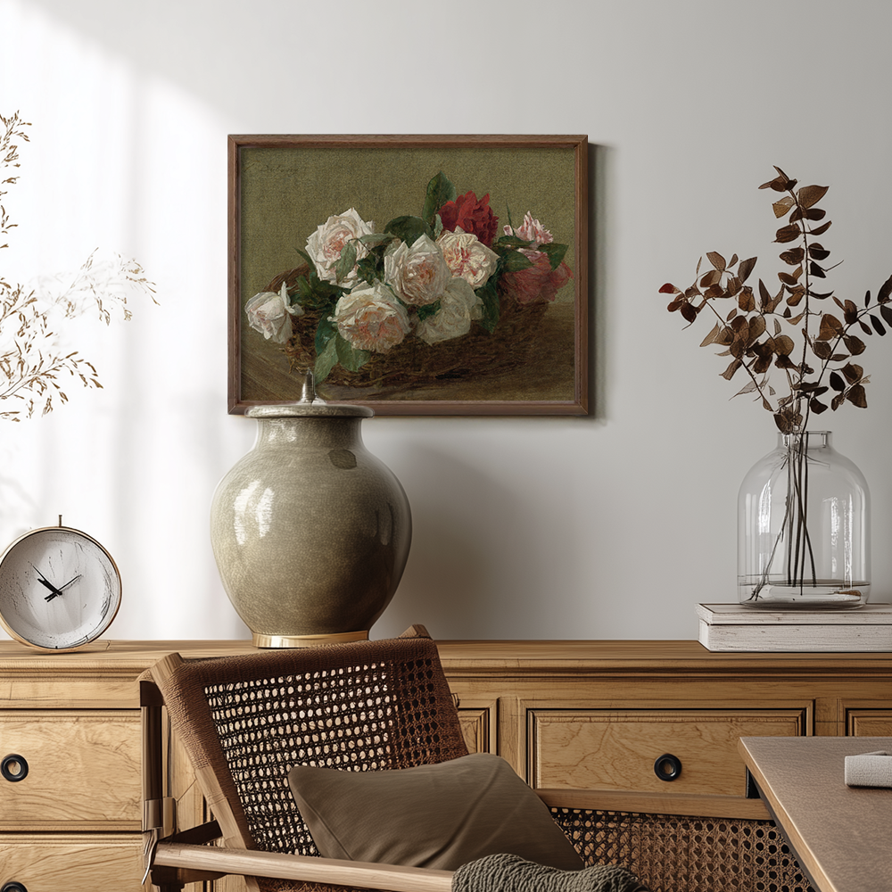 Lush Rose Basket Watercolor Still Life