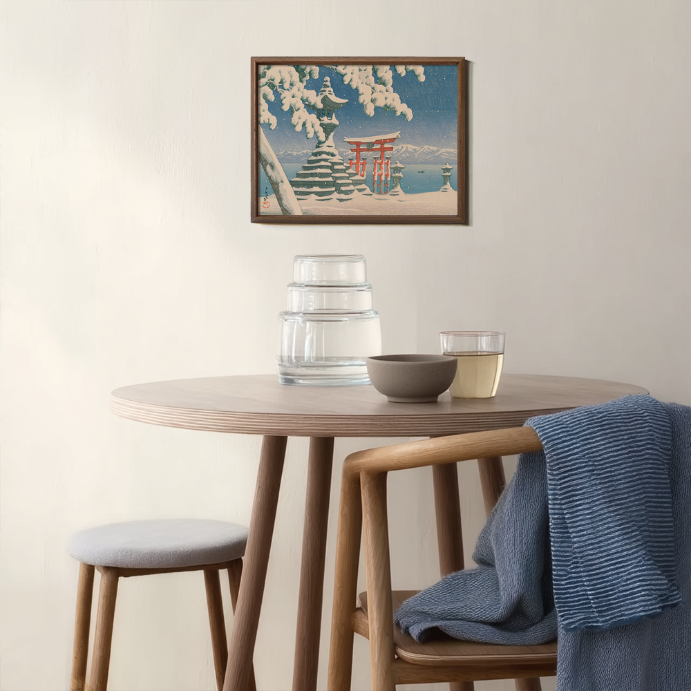 Winter View of Itsukushima Torii and Stone Lantern