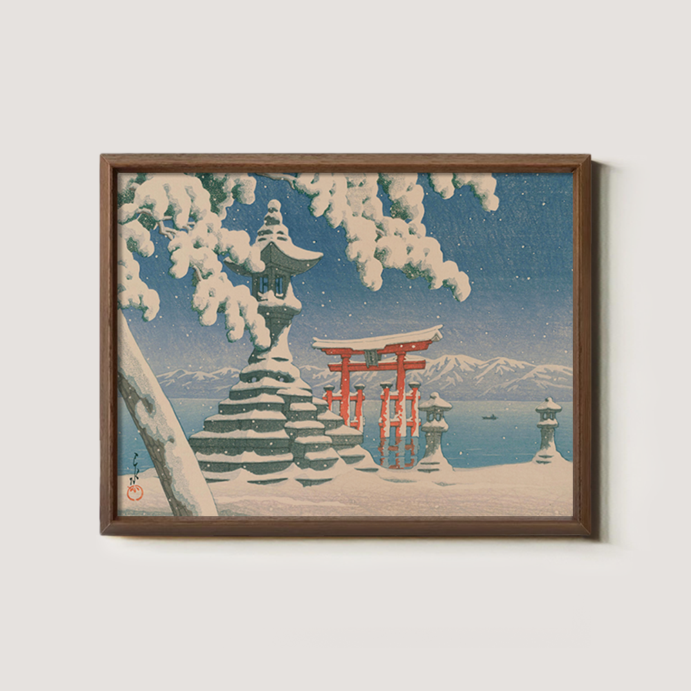 Winter View of Itsukushima Torii and Stone Lantern