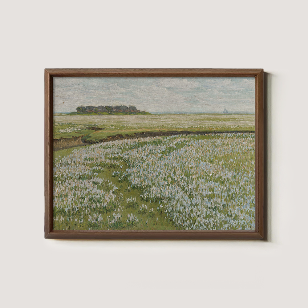 Coastal Wildflower Meadow with Distant Village and Sailboat