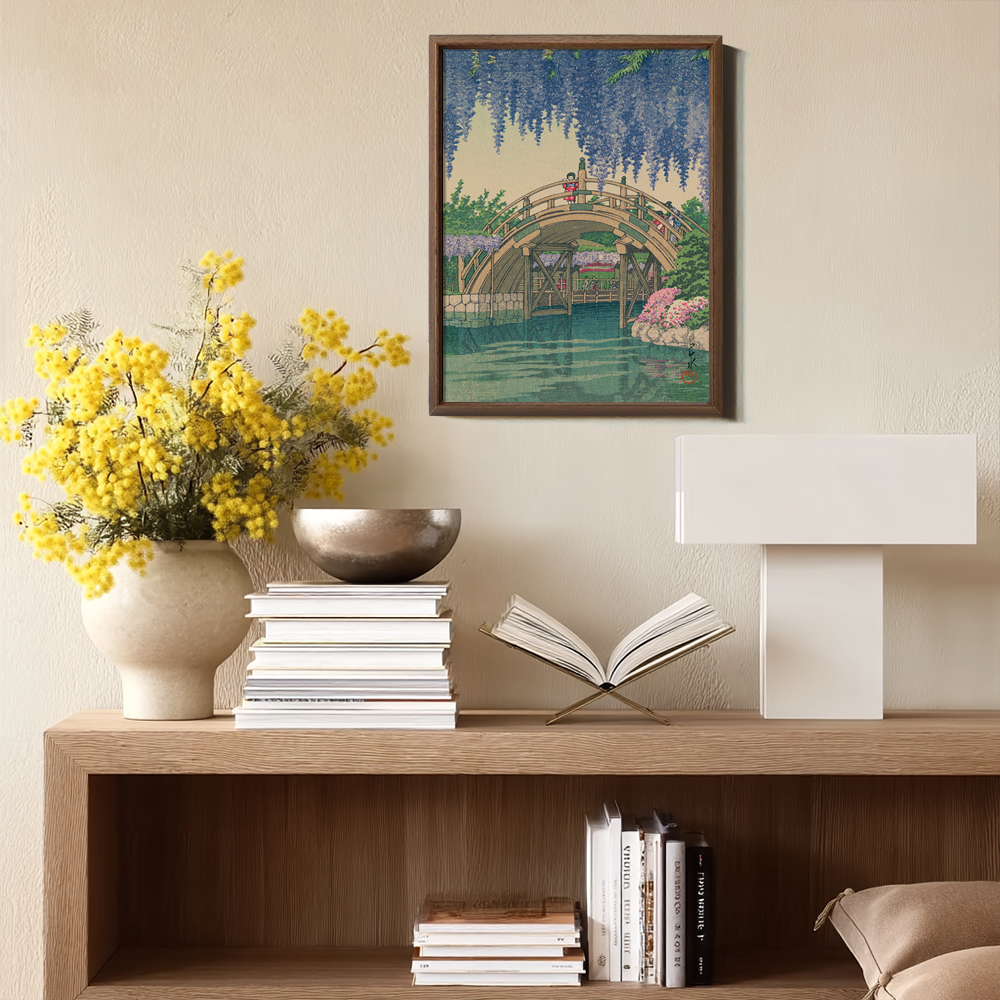 Wisteria Blossoms over Curved Drum Bridge