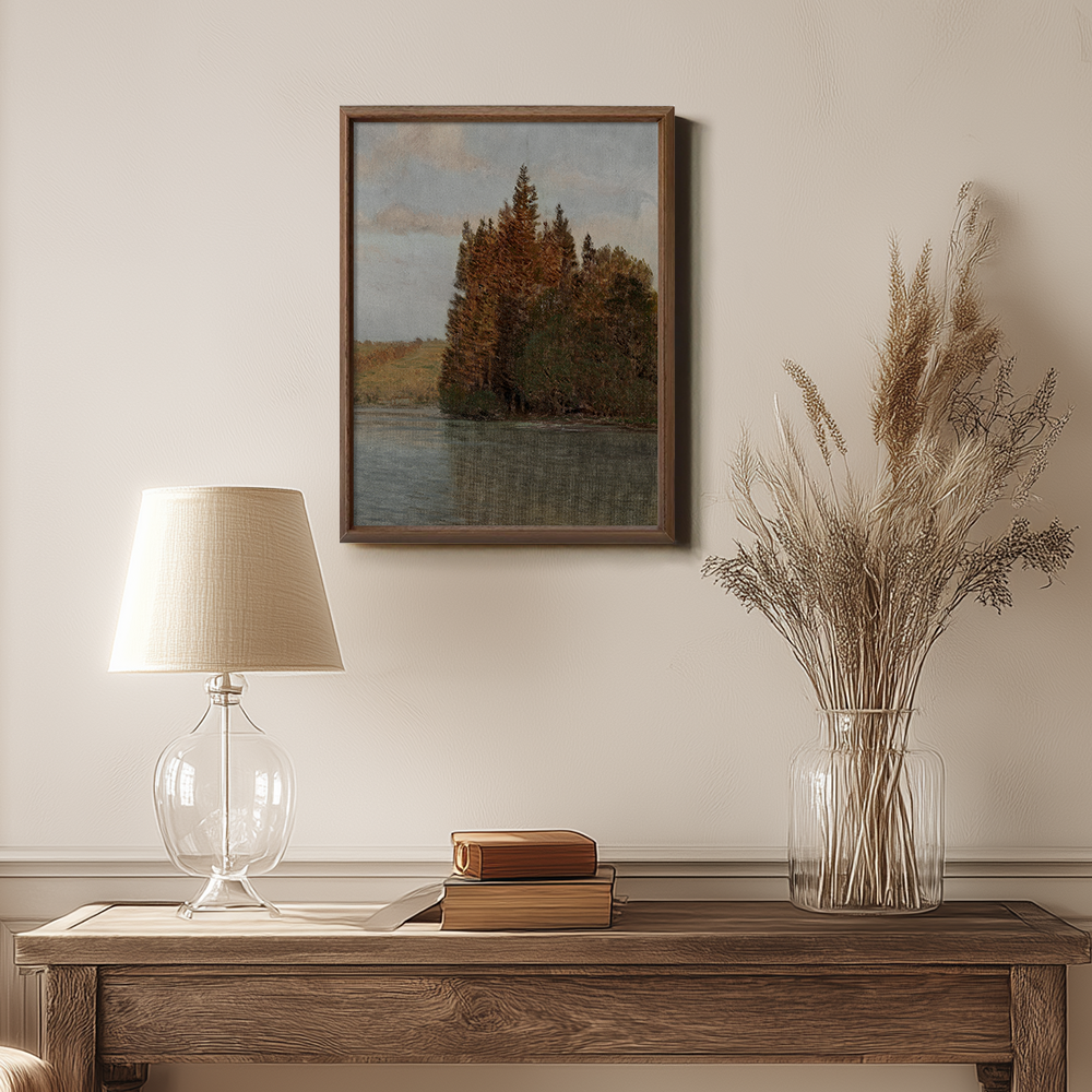 Serene Autumn Pine Lakeside Watercolor Reverie