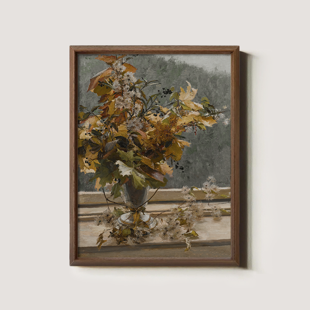 Autumnal Foliage Bouquet with Berries in Silver Urn