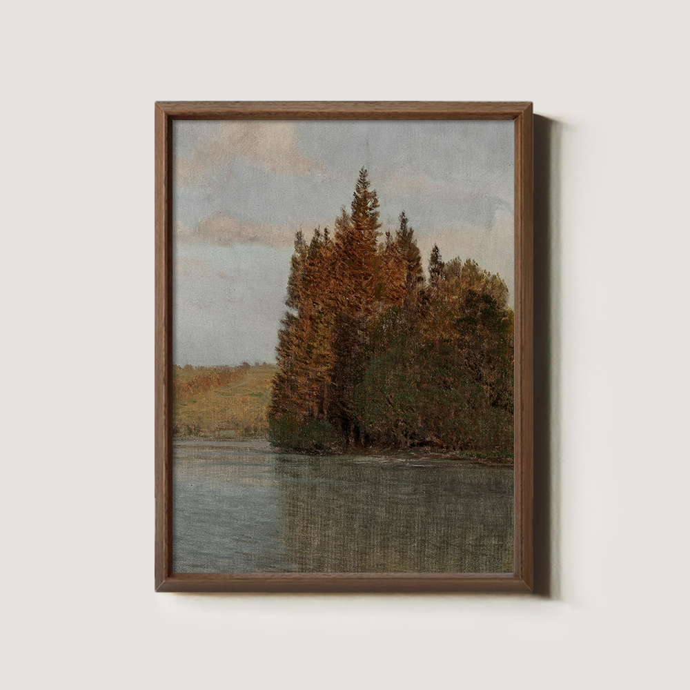 Serene Autumn Pine Lakeside Watercolor Reverie