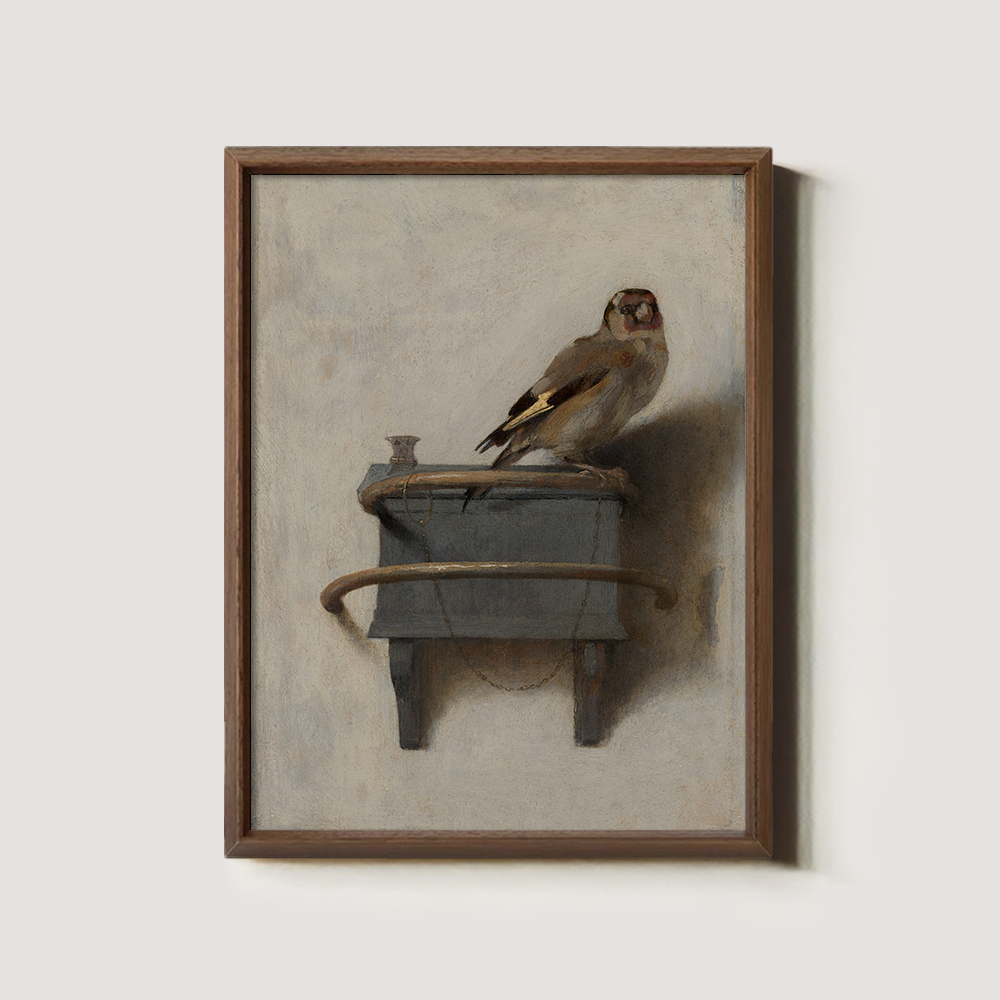 Perched Goldfinch on Ornate Wooden Shelf