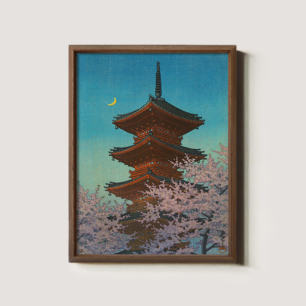 Pagoda under Crescent Moon and Cherry Blossoms