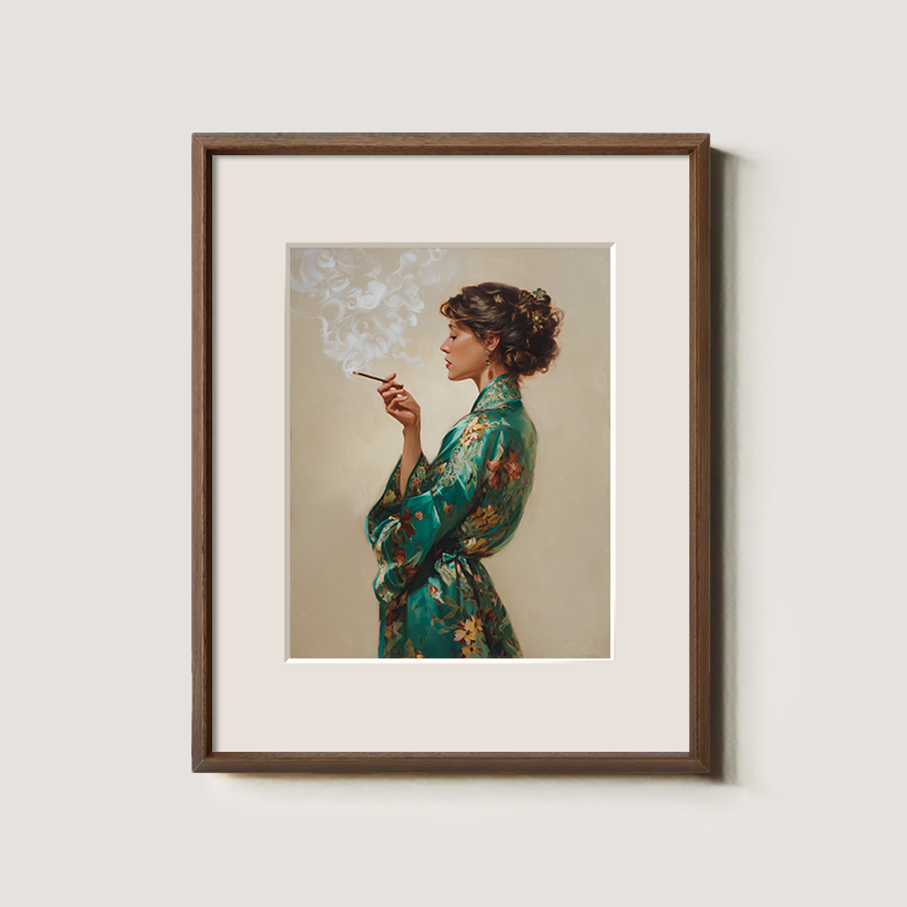 Enigmatic Emerald Robe Smoker Watercolor Portrait