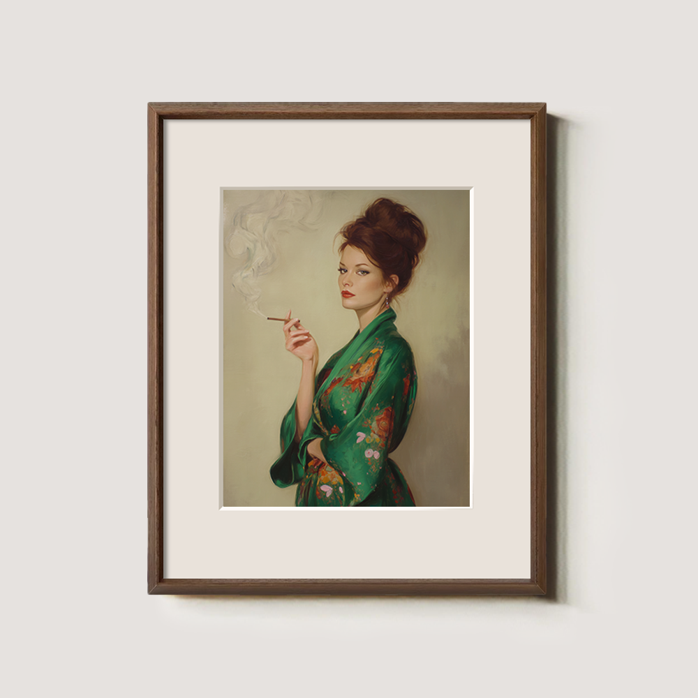 Veiled Jade Kimono Muse Watercolor Portrait