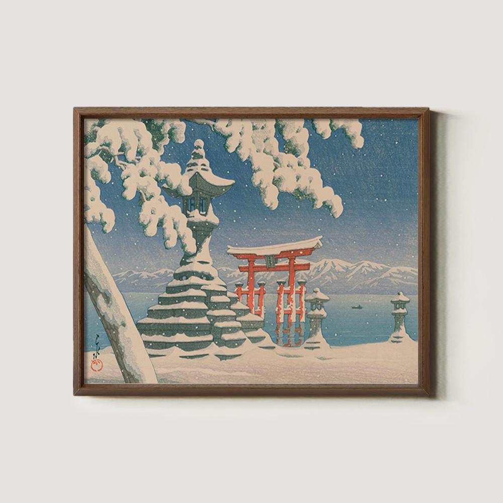 Winter View of Itsukushima Torii and Stone Lantern