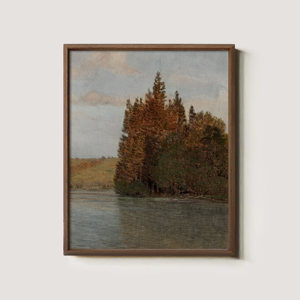 Serene Autumn Pine Lakeside Watercolor Reverie