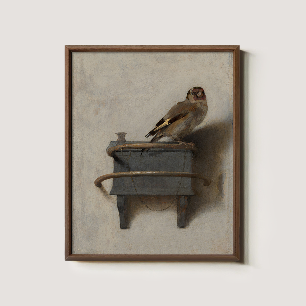 Perched Goldfinch on Ornate Wooden Shelf