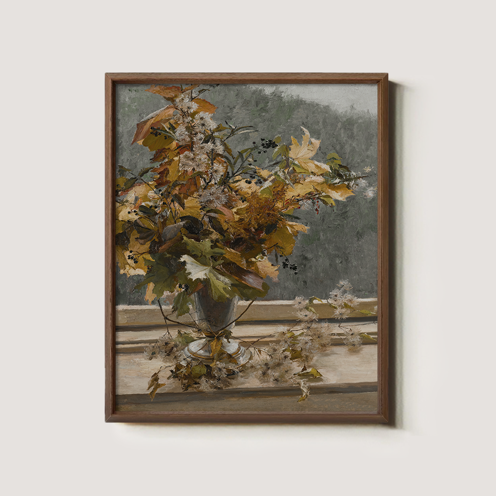 Autumnal Foliage Bouquet with Berries in Silver Urn