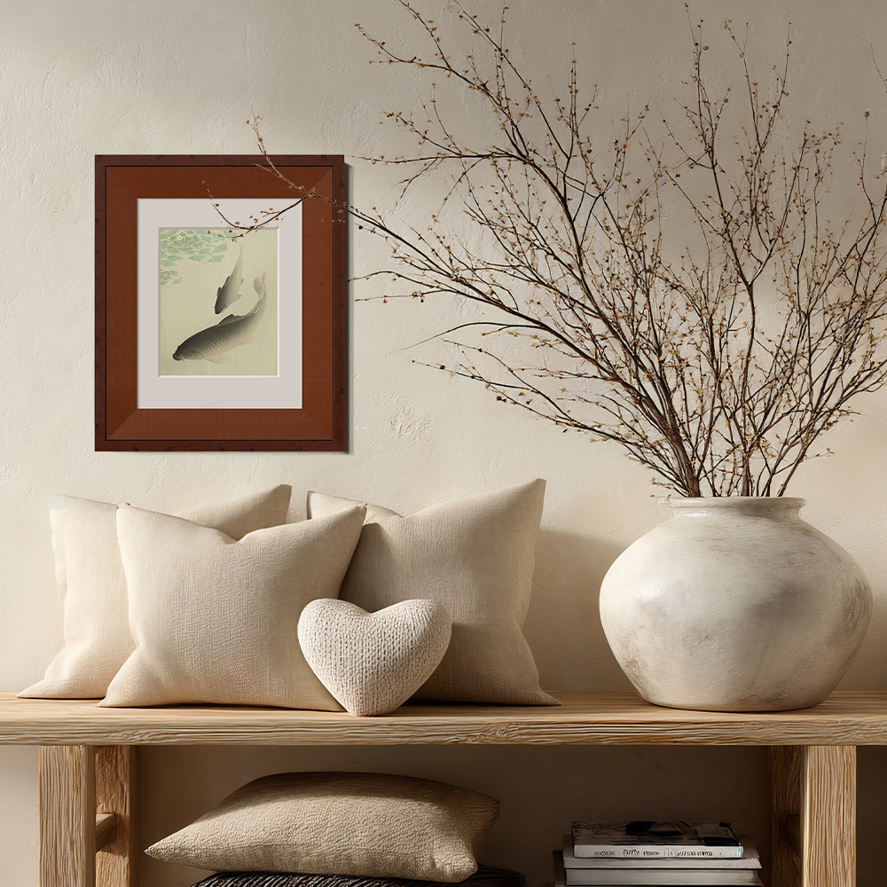 Parent and Child Koi Under Lotus Leaves