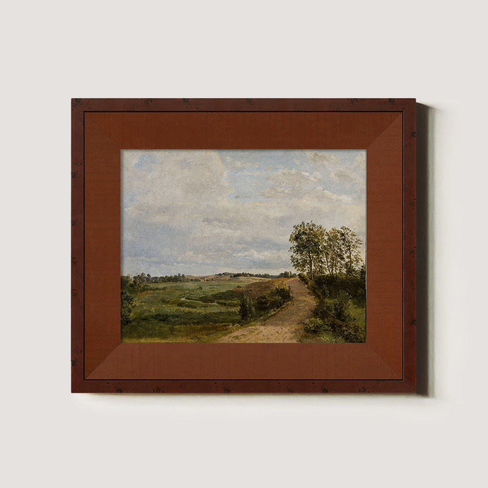 Serene Country Path Amid Lush Fields and Clouds