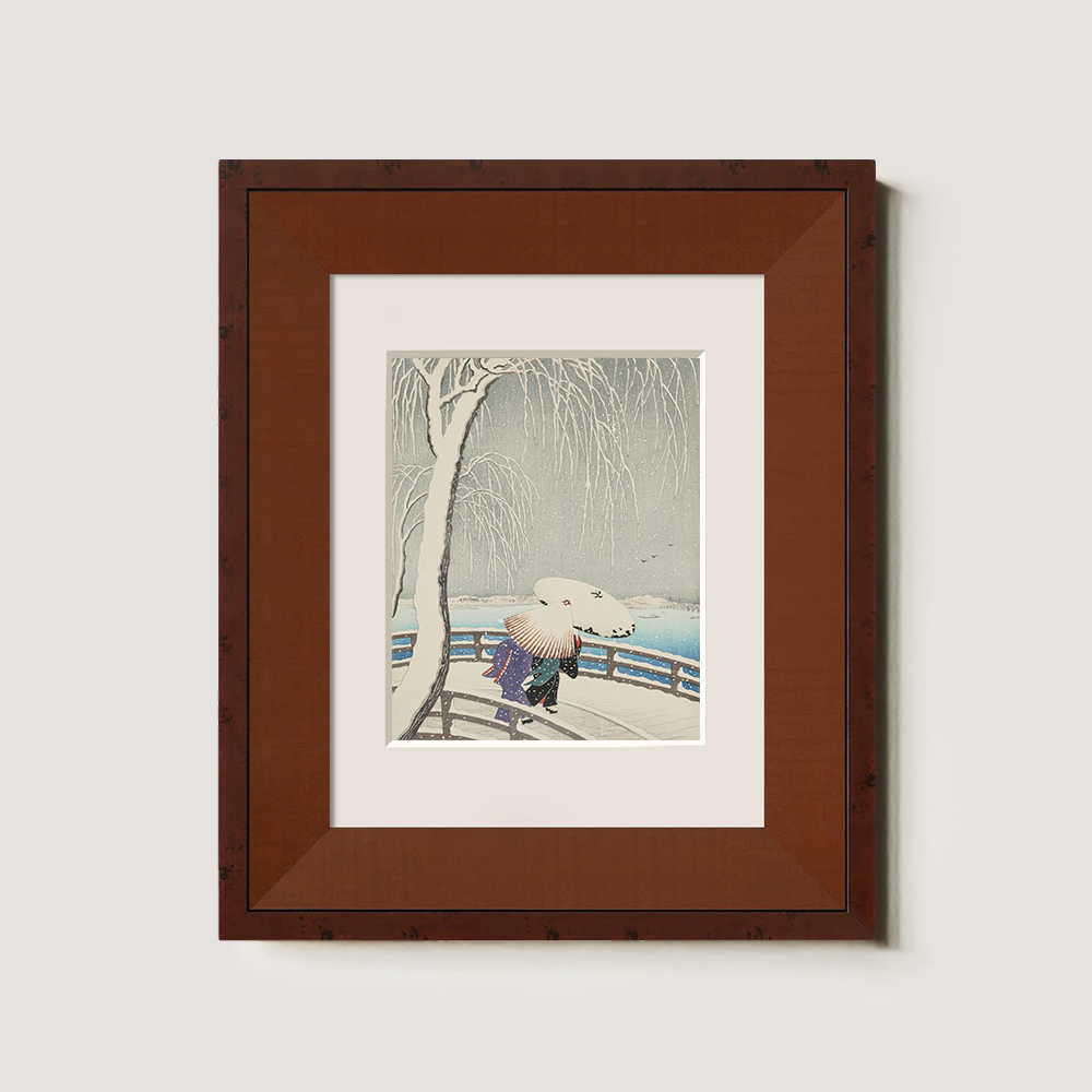 Woman Crossing a Snow-Covered Bridge