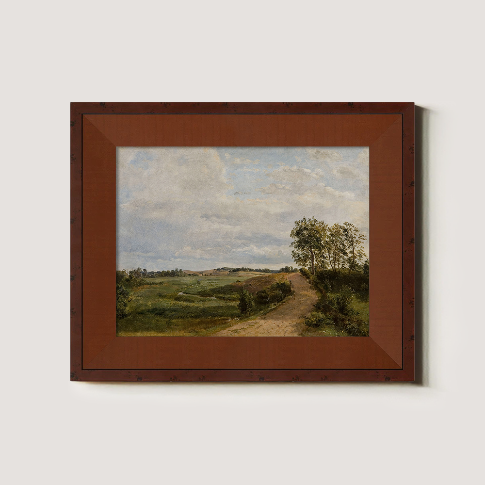Serene Country Path Amid Lush Fields and Clouds