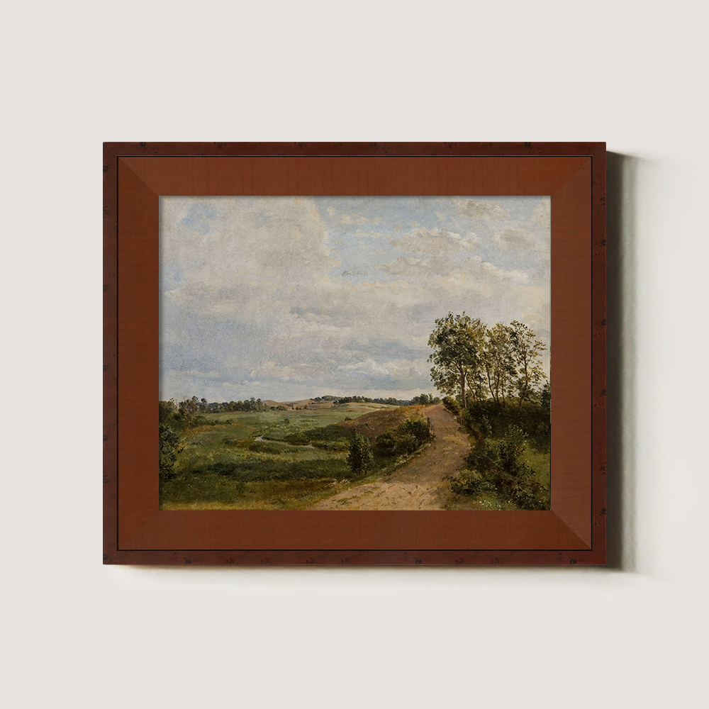 Serene Country Path Amid Lush Fields and Clouds