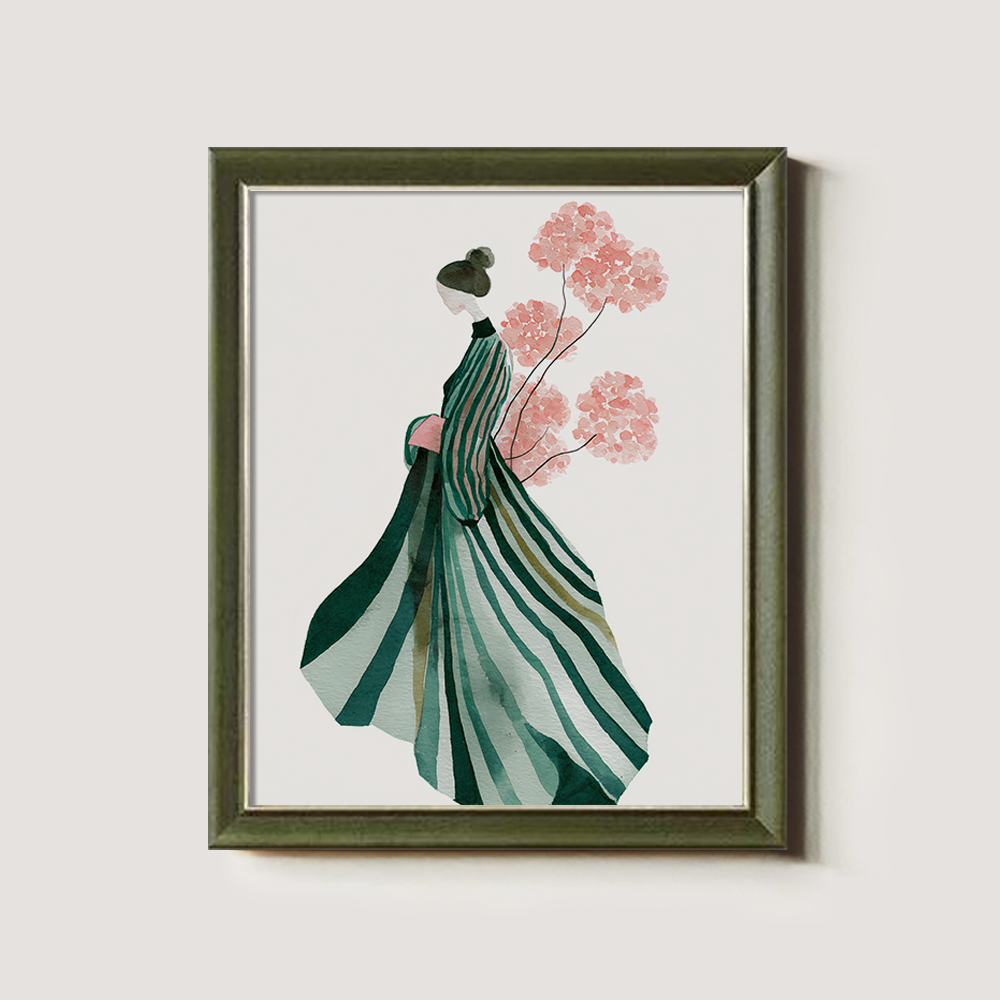 Elegant Woman in Striped Dress with Pink Flowers