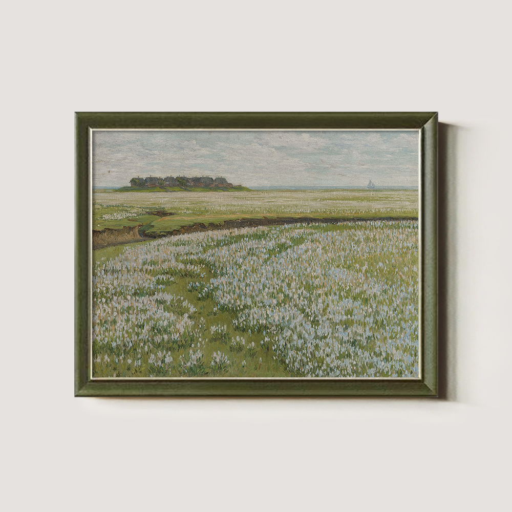 Coastal Wildflower Meadow with Distant Village and Sailboat