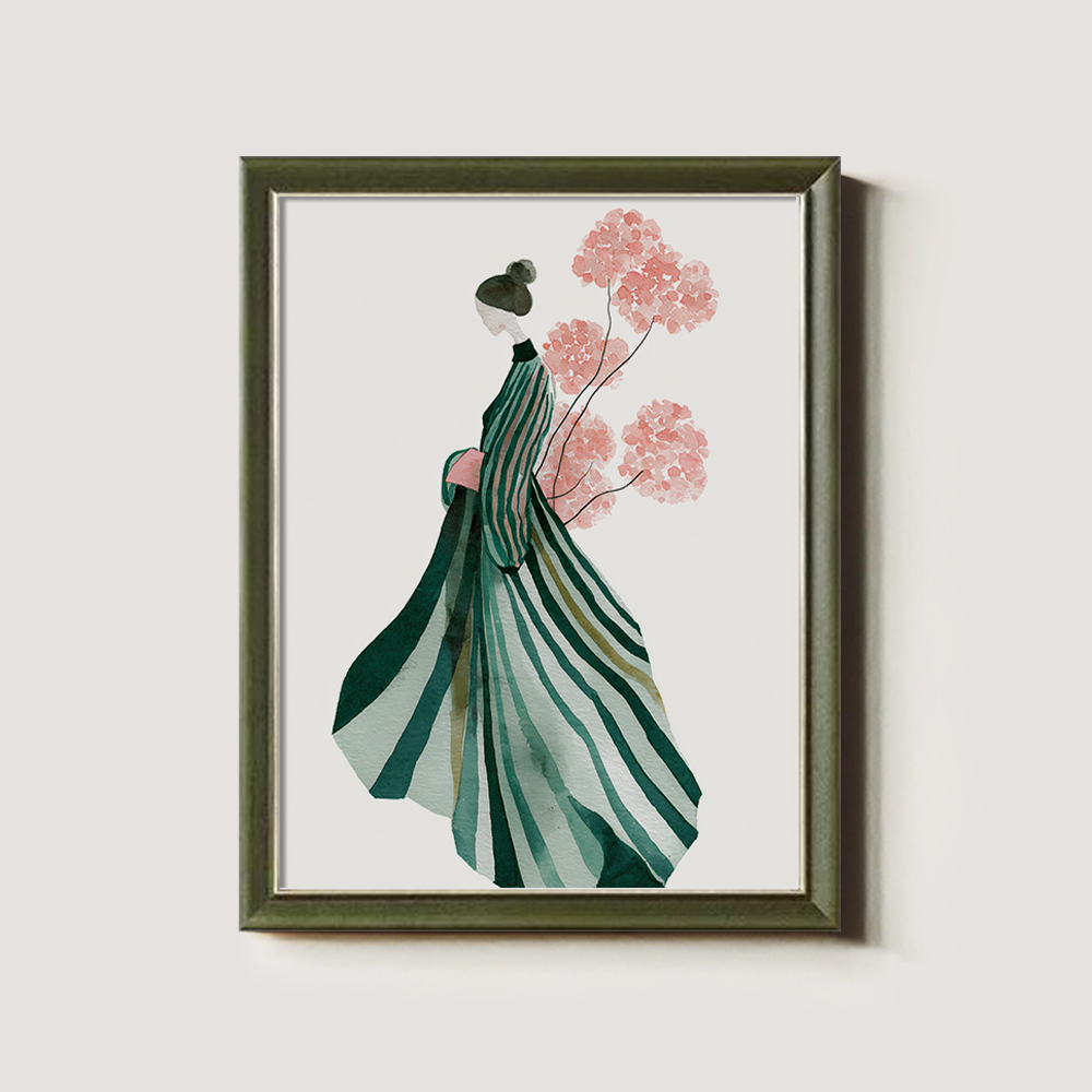 Elegant Woman in Striped Dress with Pink Flowers