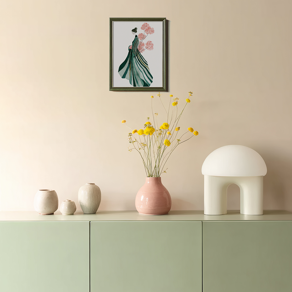 Elegant Woman in Striped Dress with Pink Flowers