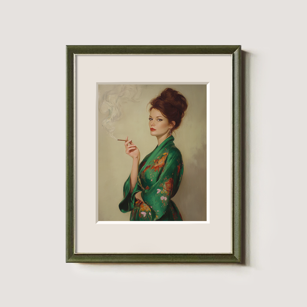 Veiled Jade Kimono Muse Watercolor Portrait