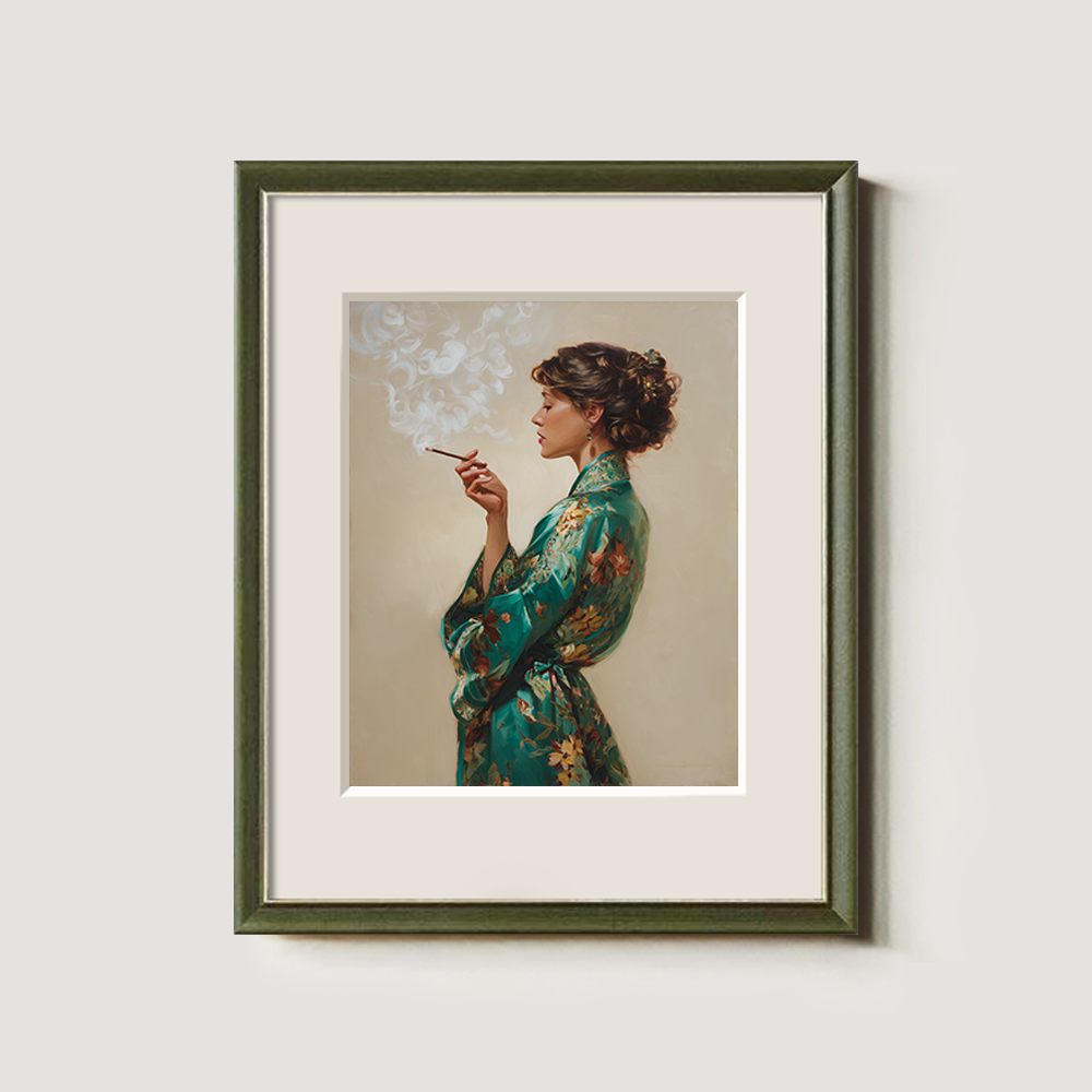 Enigmatic Emerald Robe Smoker Watercolor Portrait