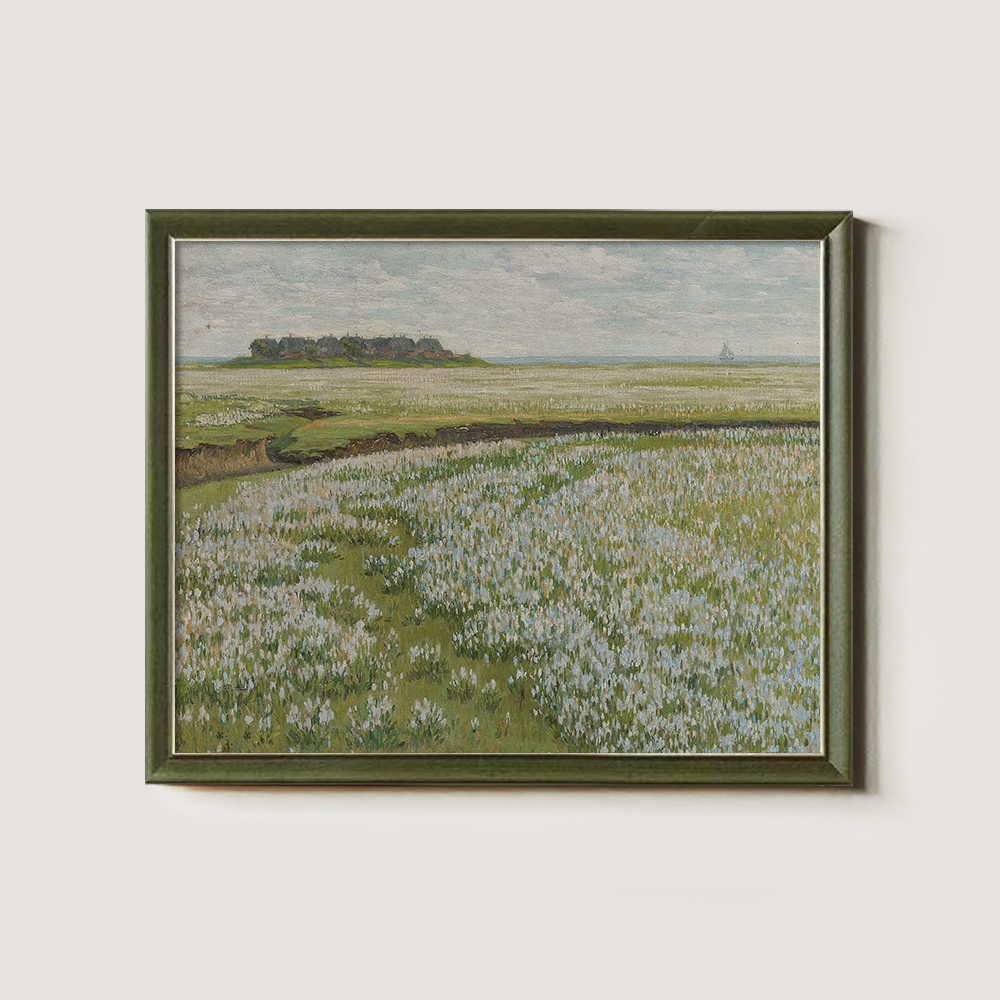 Coastal Wildflower Meadow with Distant Village and Sailboat