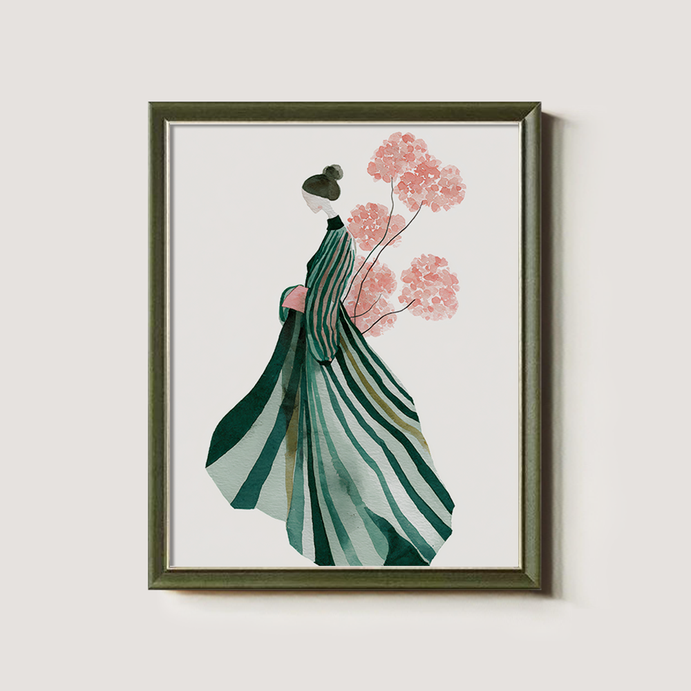 Elegant Woman in Striped Dress with Pink Flowers