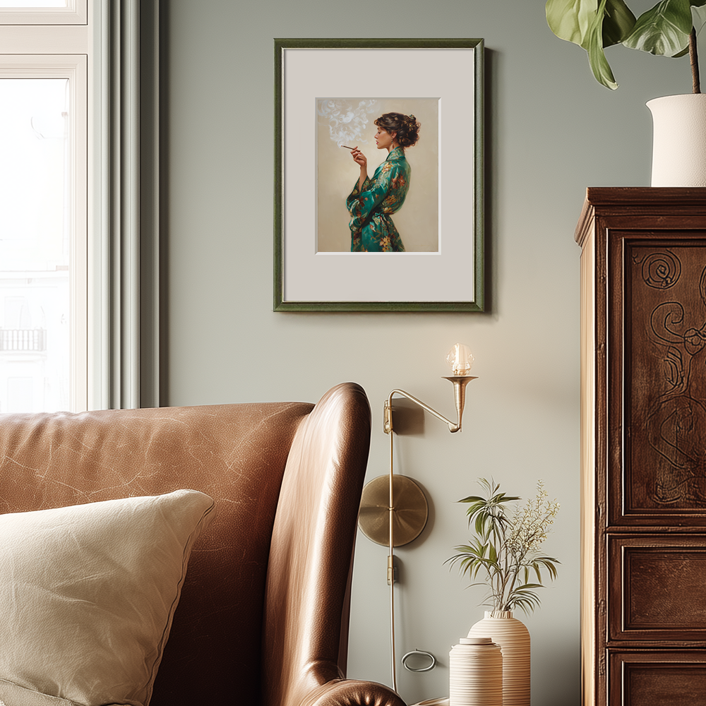 Enigmatic Emerald Robe Smoker Watercolor Portrait