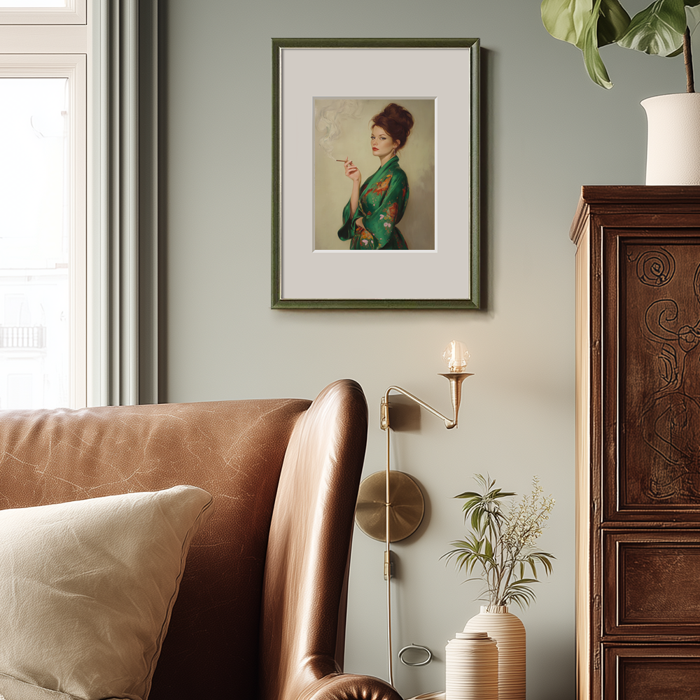 Veiled Jade Kimono Muse Watercolor Portrait