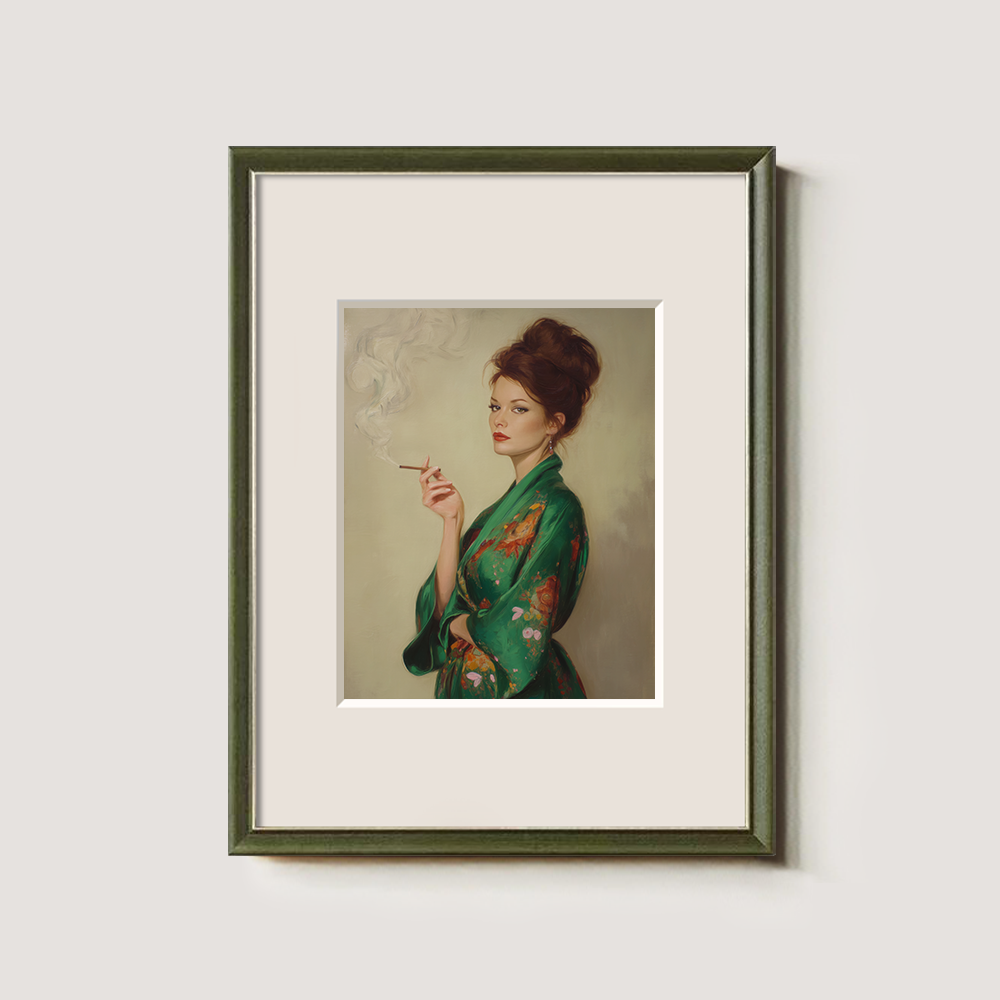 Veiled Jade Kimono Muse Watercolor Portrait