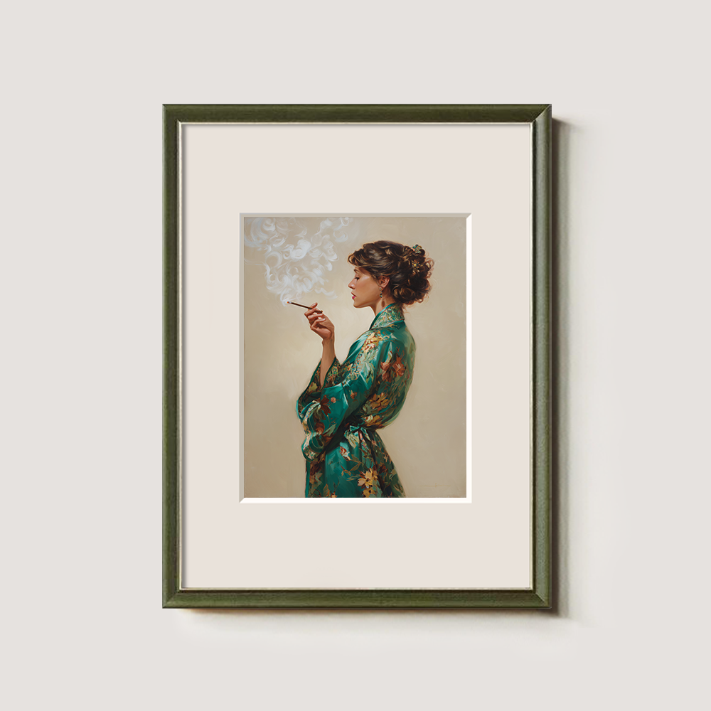 Enigmatic Emerald Robe Smoker Watercolor Portrait