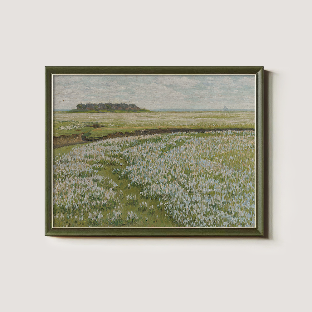 Coastal Wildflower Meadow with Distant Village and Sailboat