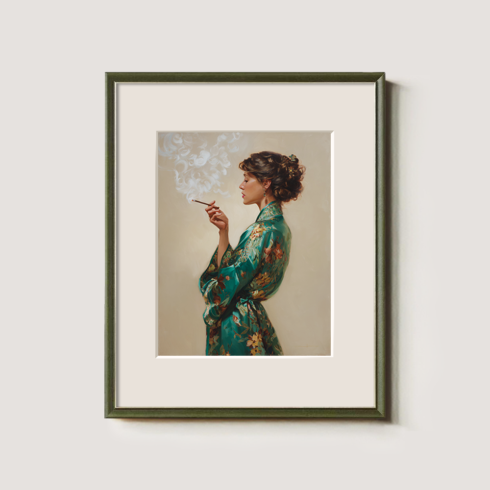 Enigmatic Emerald Robe Smoker Watercolor Portrait