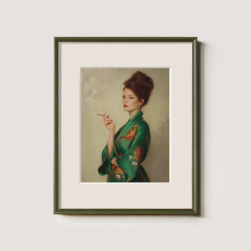 Veiled Jade Kimono Muse Watercolor Portrait