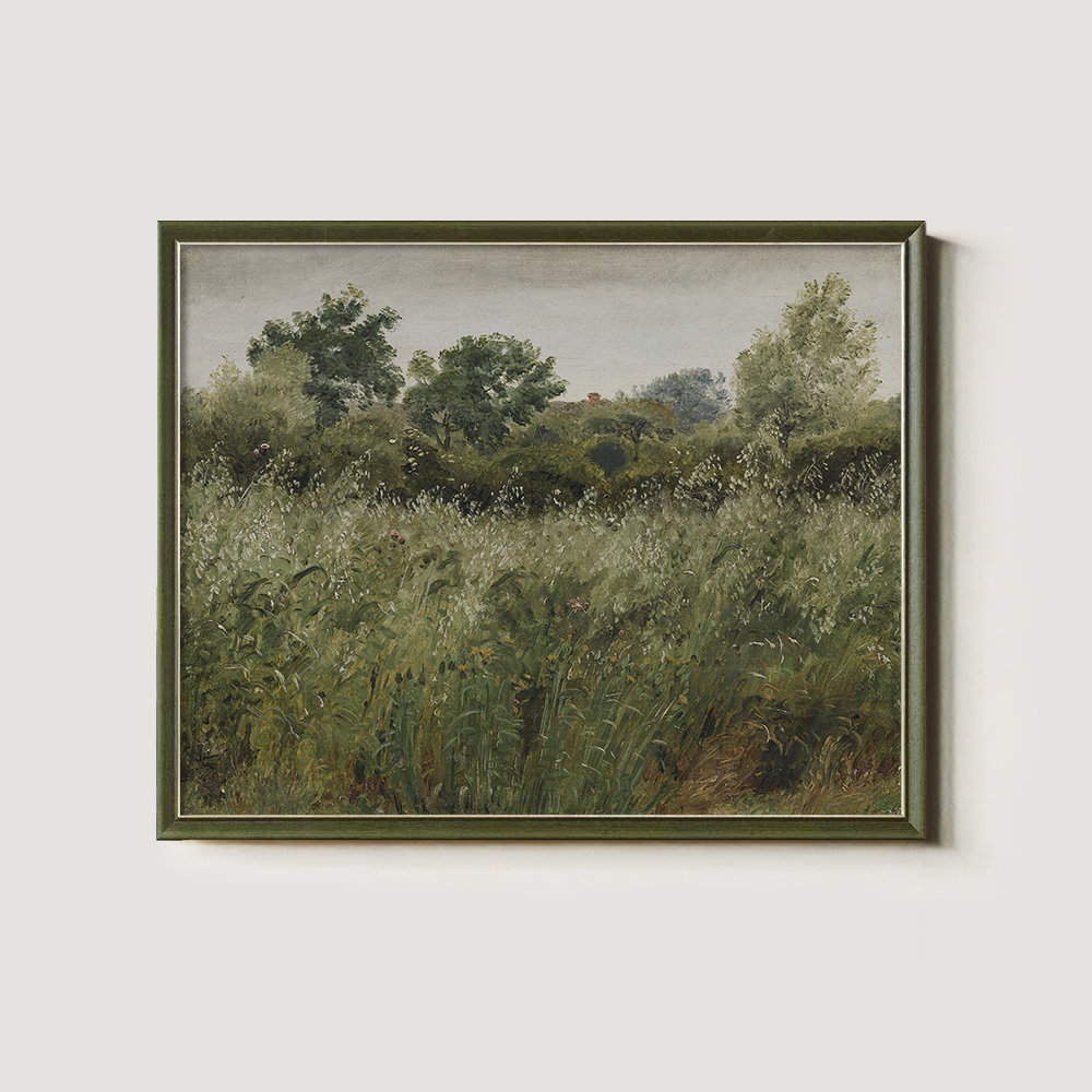 Hazy Meadow with Swaying Grasses and Graceful Trees