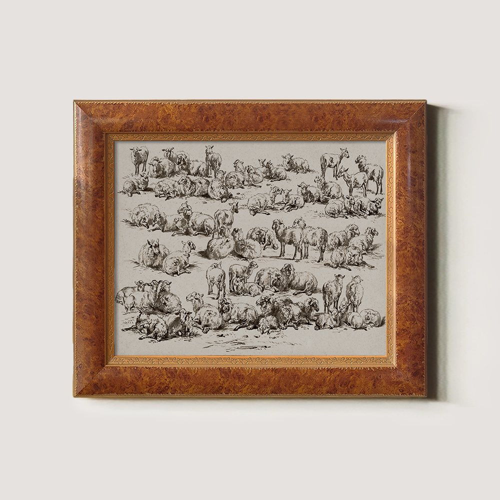 Whimsical Flock of Sheep Grazing in Sunlit Meadow Sketch