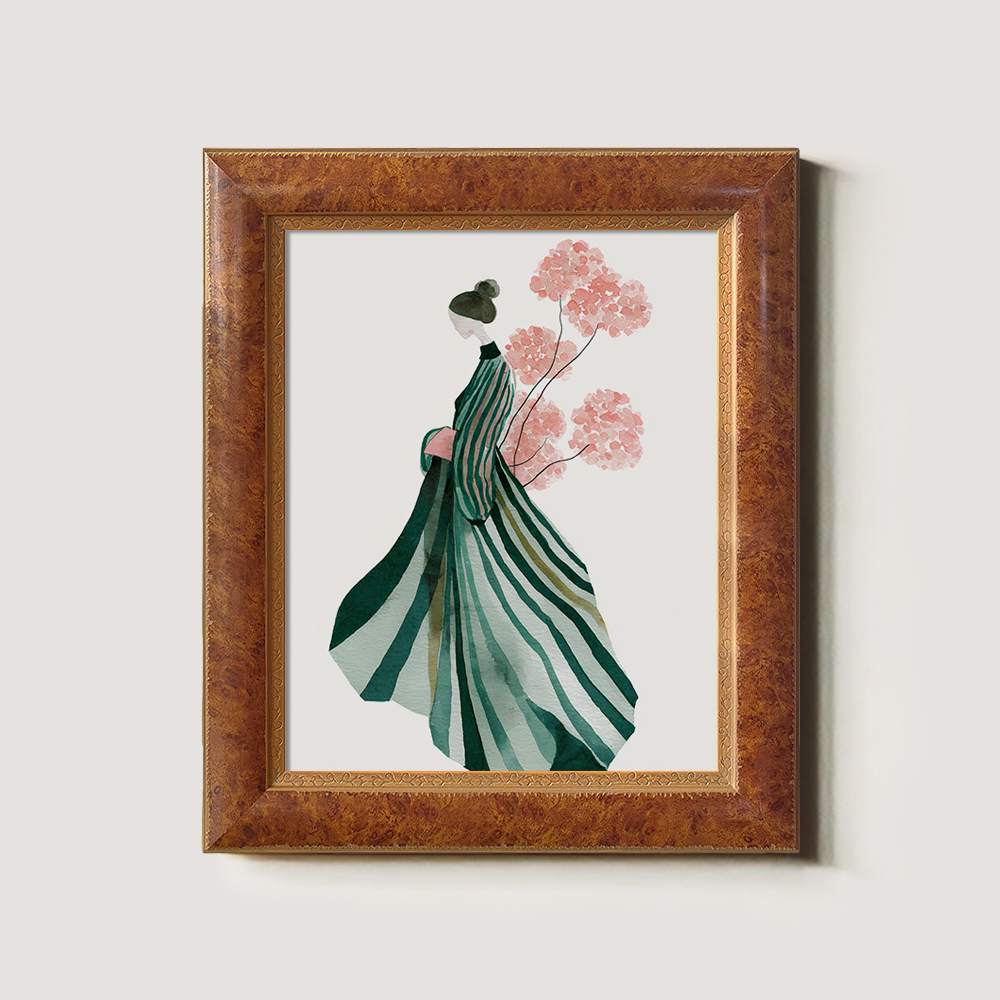 Elegant Woman in Striped Dress with Pink Flowers