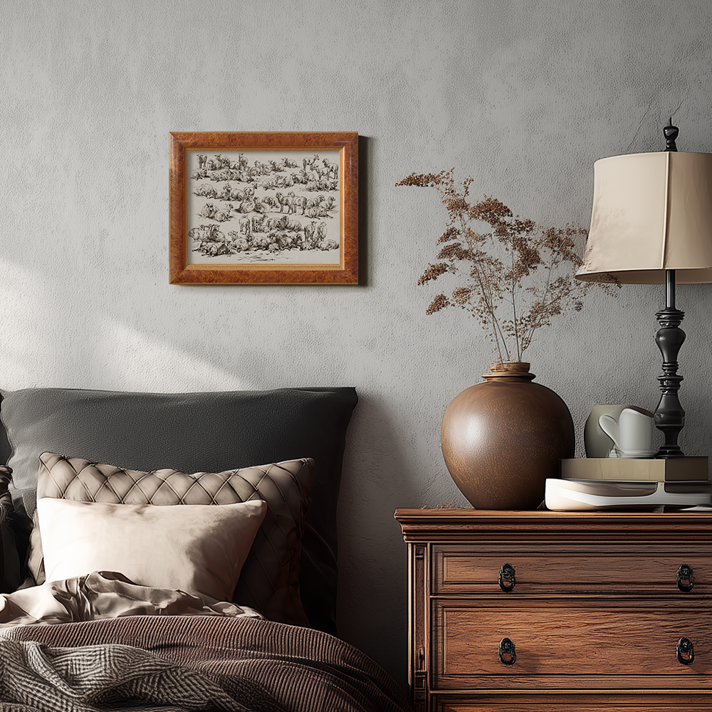 Whimsical Flock of Sheep Grazing in Sunlit Meadow Sketch