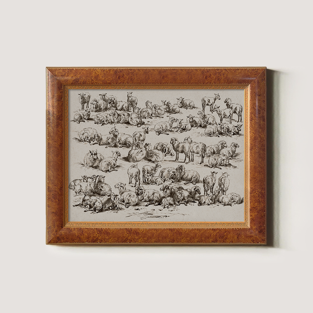 Whimsical Flock of Sheep Grazing in Sunlit Meadow Sketch