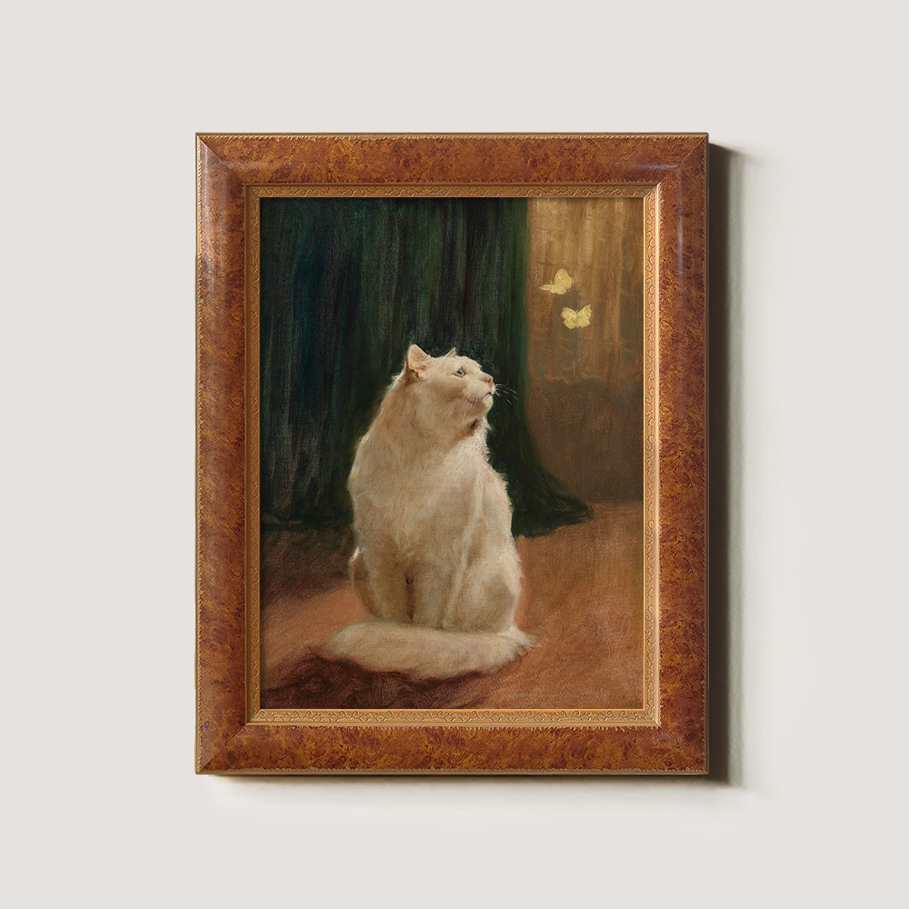 Mystical White Cat Enchanted by Golden Butterflies