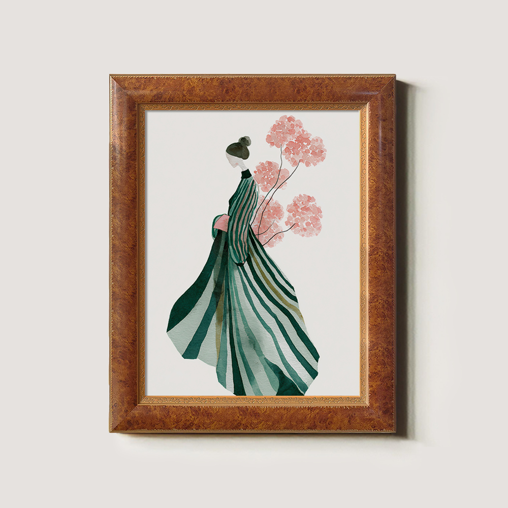 Elegant Woman in Striped Dress with Pink Flowers