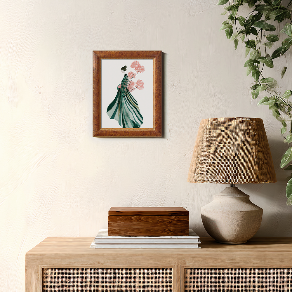 Elegant Woman in Striped Dress with Pink Flowers