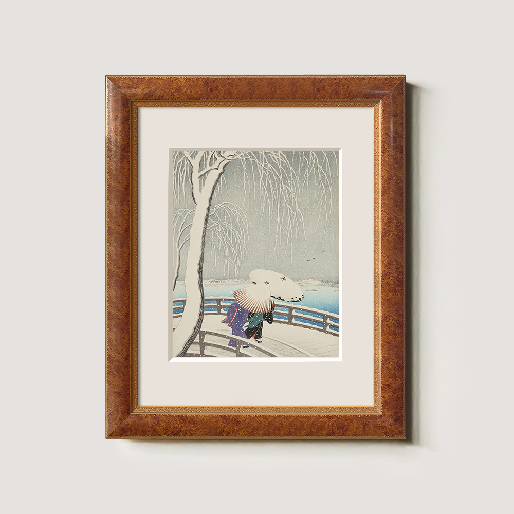 Woman Crossing a Snow-Covered Bridge
