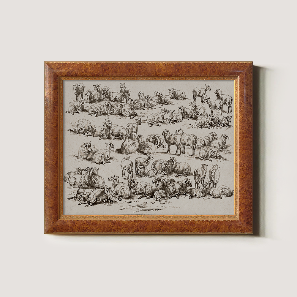 Whimsical Flock of Sheep Grazing in Sunlit Meadow Sketch