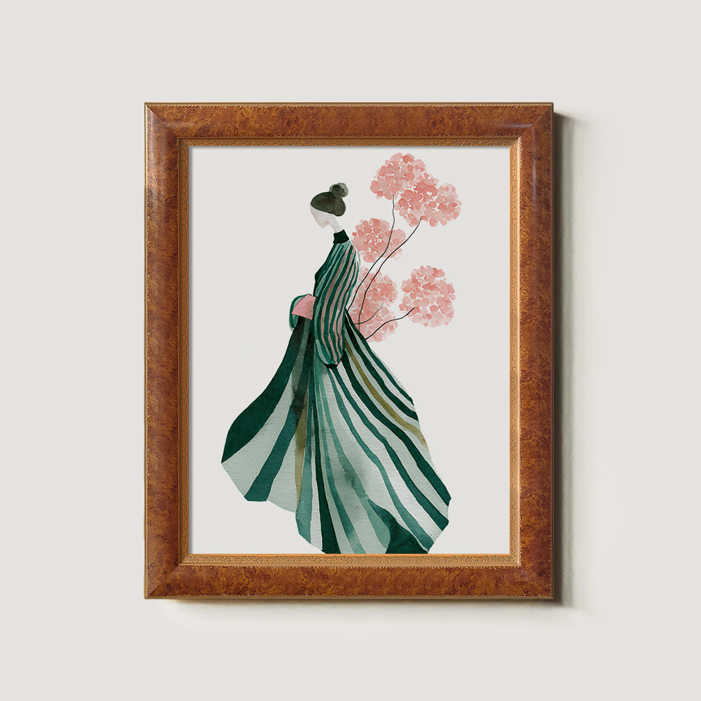 Elegant Woman in Striped Dress with Pink Flowers