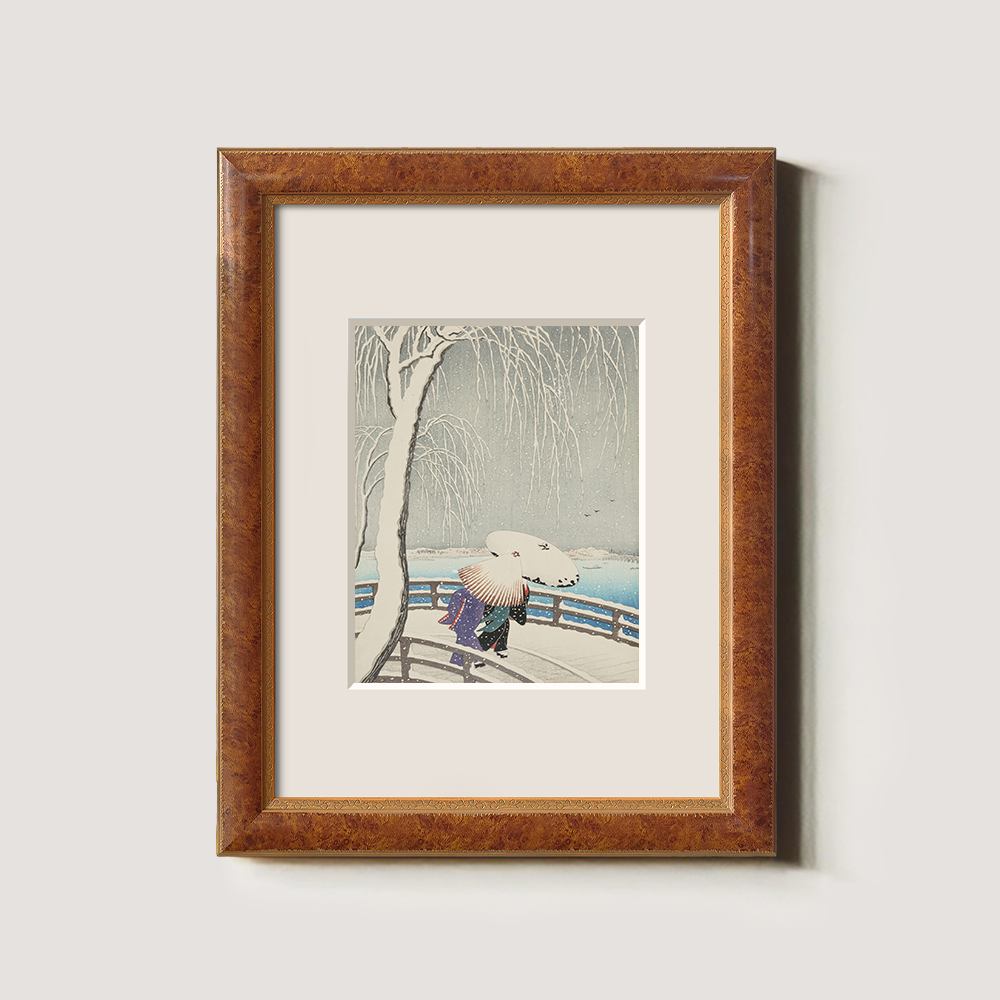 Woman Crossing a Snow-Covered Bridge