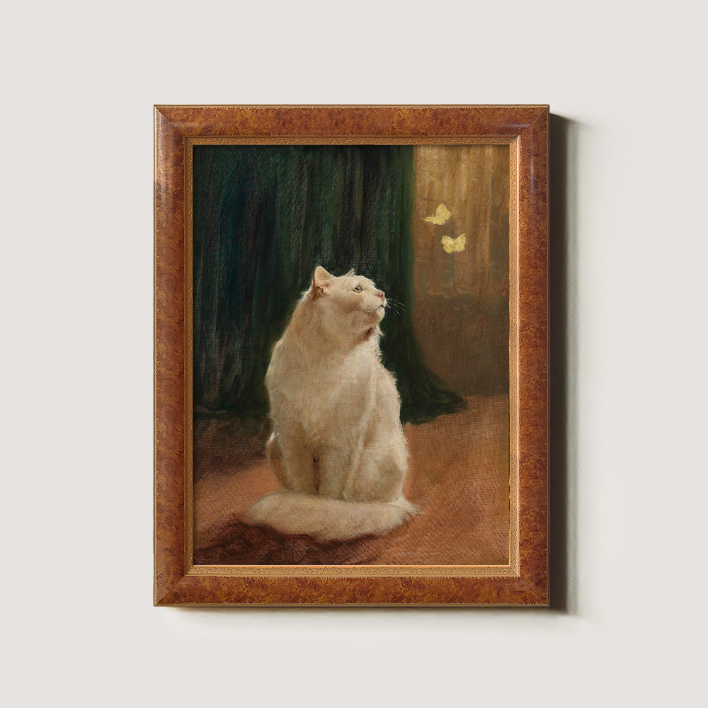 Mystical White Cat Enchanted by Golden Butterflies