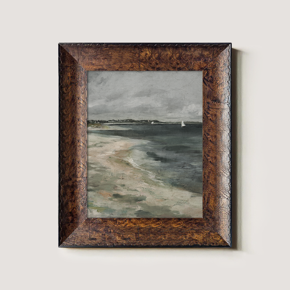 Misty Beach With A Small Sailboat